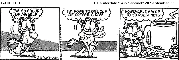 Garfield drinks coffee